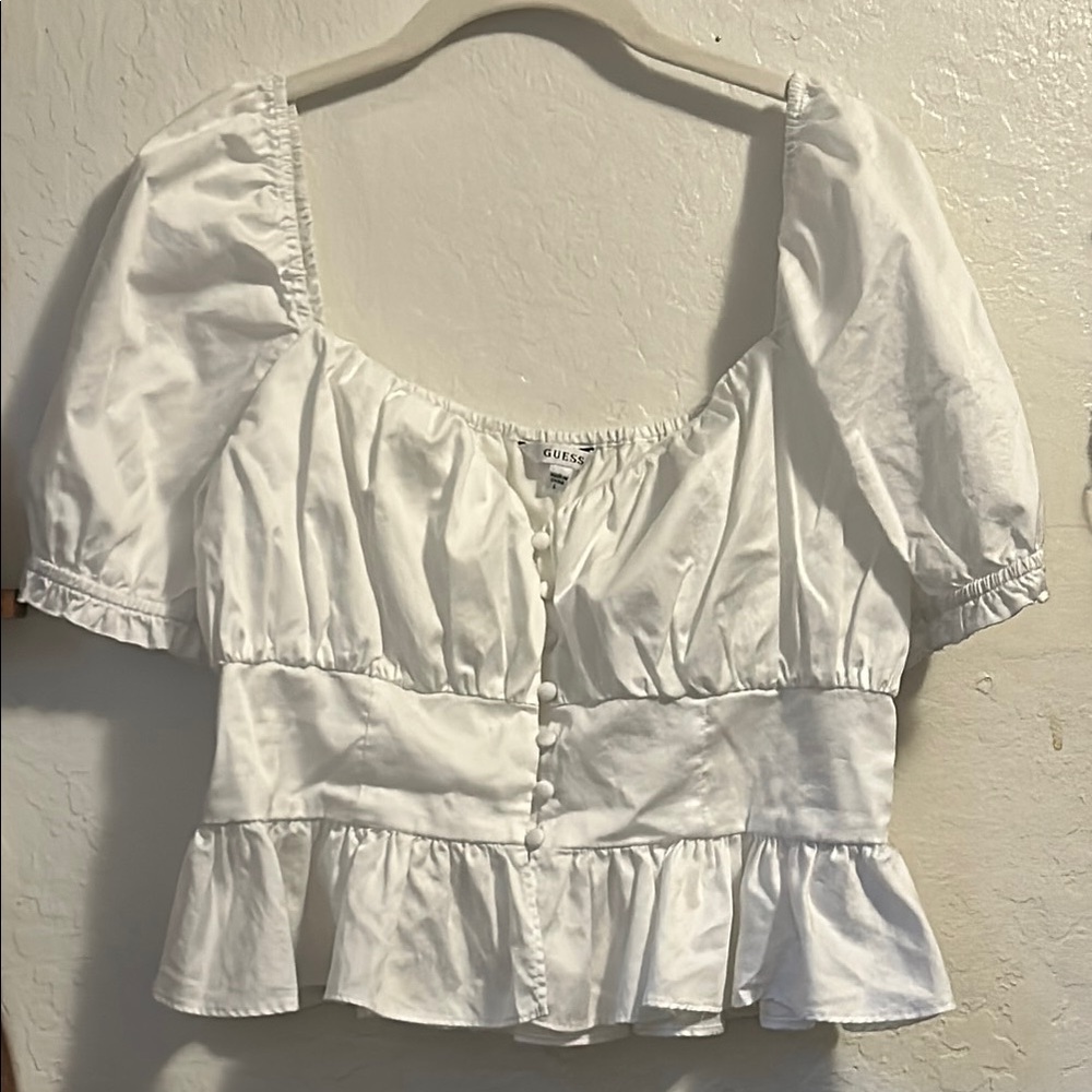 Guess Cream Puff Sleeve Crop Blouse